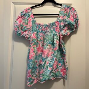 Lilly Pulitzer Keating Linen Floral Puff Sleeve Top